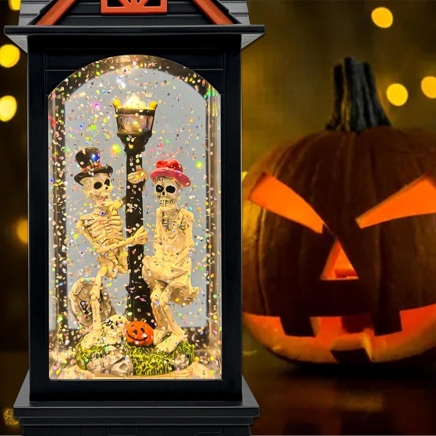 Halloween Snow Globe Lantern with 6 Hour Timer,Halloween Decorations Indoor for Home,Halloween Decor,USB or Battery Powered for Halloween Lanterns,Halloween Skeleton-A