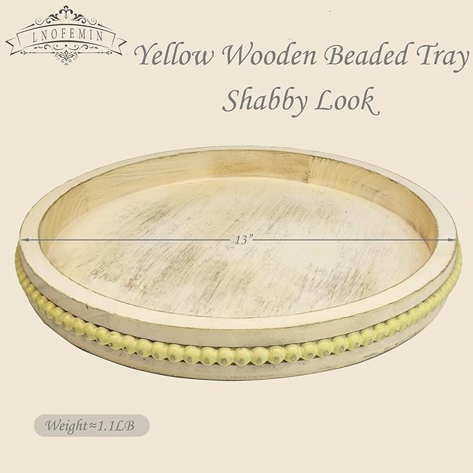 Round Wood Serving Tray with Beads, Yellow Washed Wooden Decorative Tray for Entertaining, Decoration, and Gifting