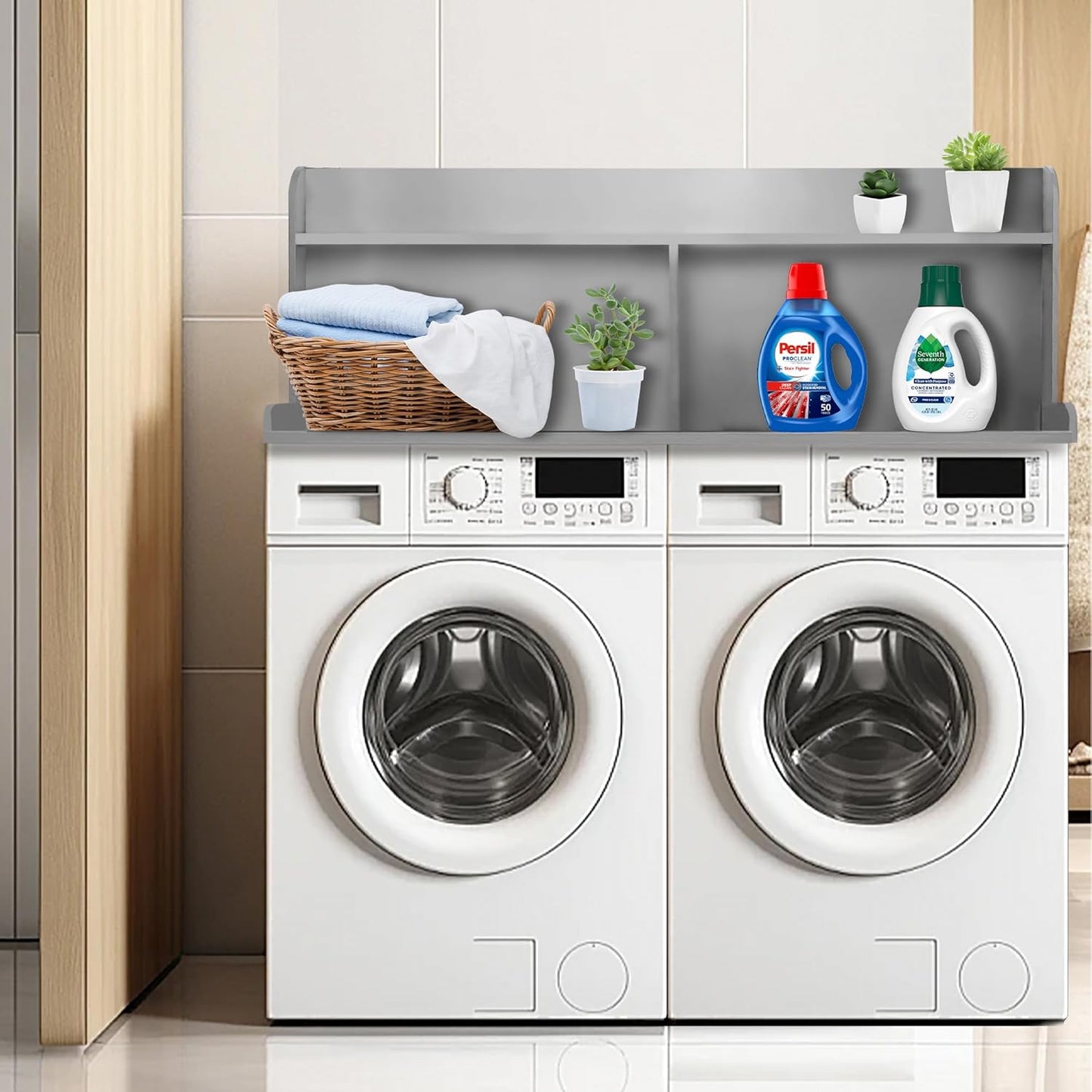 Royxen 2-Tier Washer Dryer Countertop,19.5"H Wood Washer and Dryer Topper with Storage Shelf,Laundry Countertop Over Washer Machine, Universal Fit for Laundry Room Organization (Grey,54"W X 27.5"D)