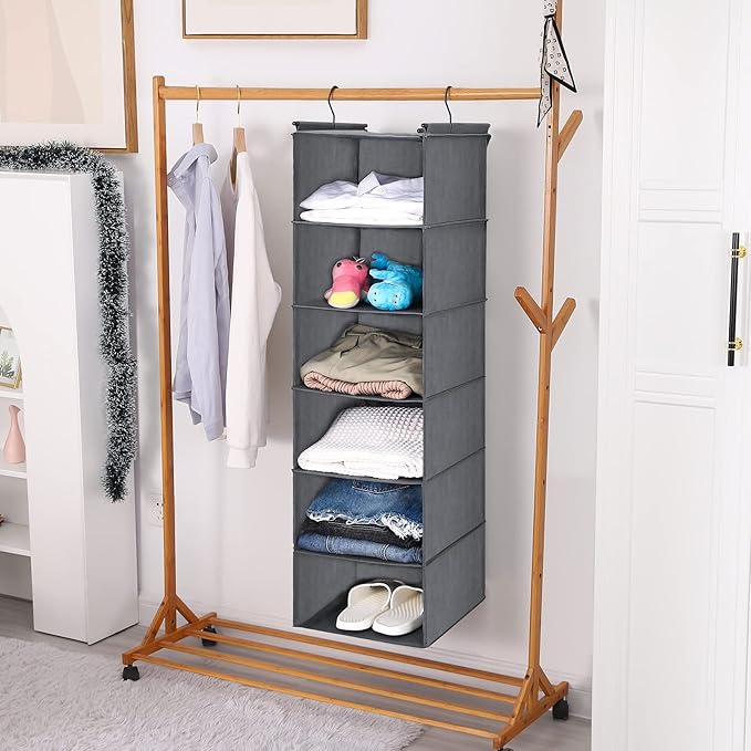 MAX Houser 6 Tier Shelf Hanging Closet Organizer, Closet Hanging Shelf with 2 Sturdy Hooks for Storage,2 Pack, Foldable (Grey)