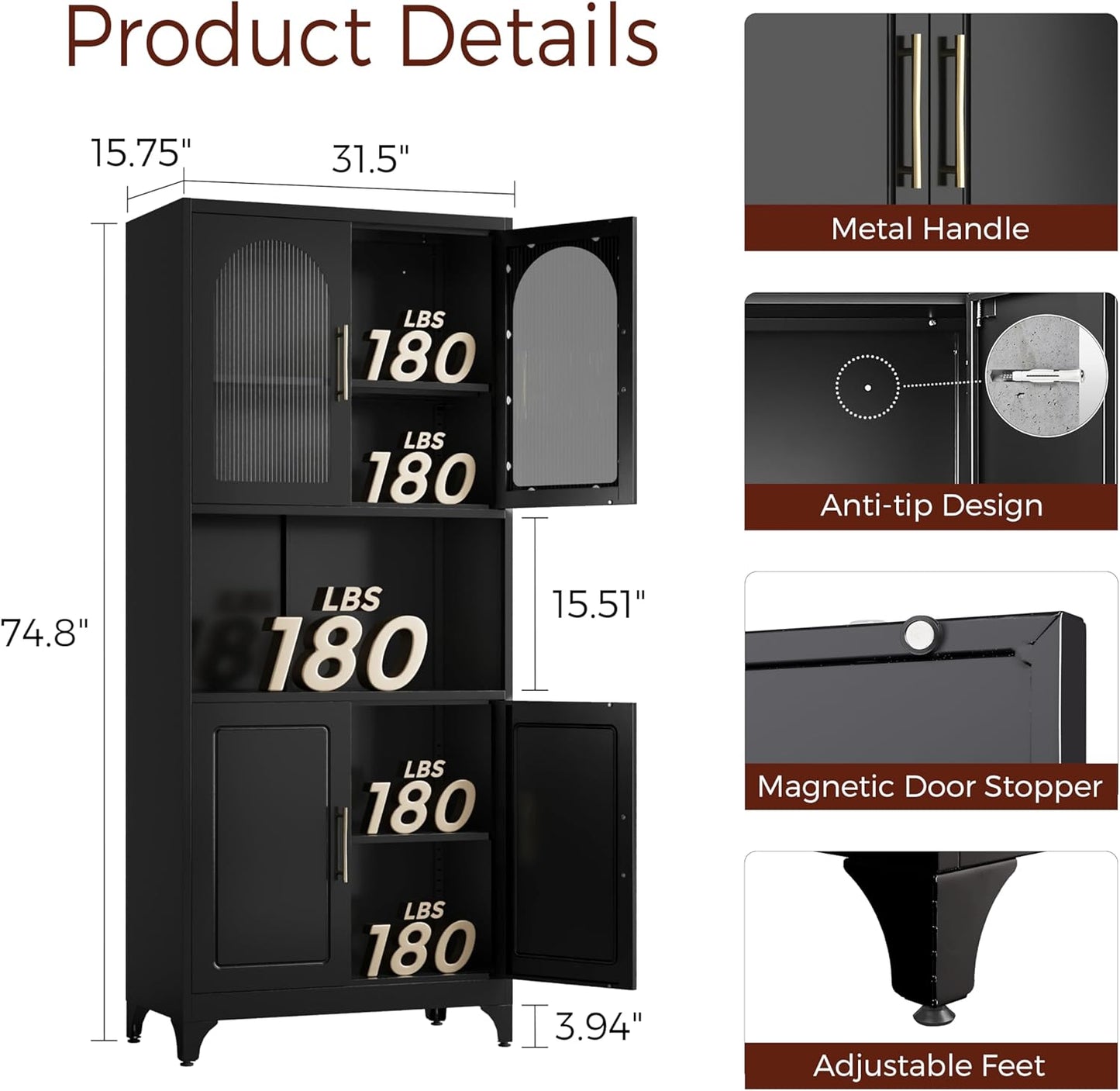 75" Tall Kitchen Pantry Cabinet, Metal Storage Cabinets with Acrylic Doors and Adjustable Shelves, Hutch Cabinet with Storage, Black Microwave Stand Cabinets for Dining Living Room