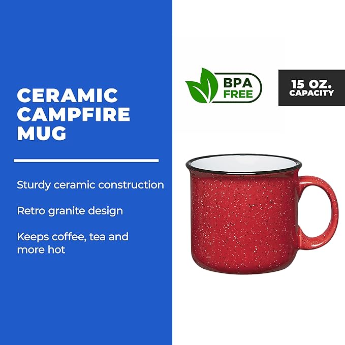 Set of 8 Ceramic Campfire Mugs – 15 Oz, Red – Coffee & Tea Cups for Home, Work, Travel, Camping – Customizable, Great for DIY, Events, Companies