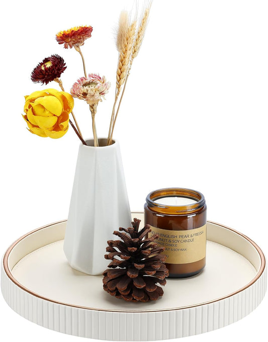 KINGFOM Decorative Serving Tray, PU Leather Valet Nightstand Desk Organizer for Men Women, Round Tray Decor for Coffee Table/Home Decor, Modern Decorative, Centerpiece (Ivory White)