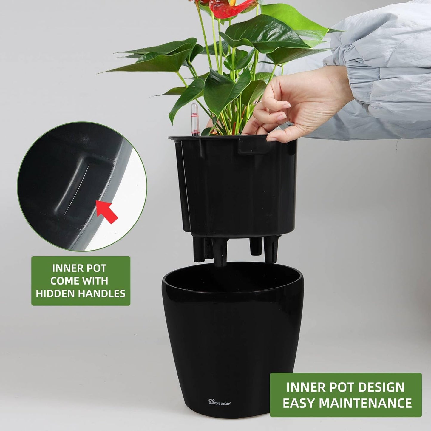 Dexceder 9x8 Inches High Gloss Self Watering Planter Indoor Outdoor, Inner Pot Design, Thickened Table Flower Plant Pot with Water Level Indicator (Black)