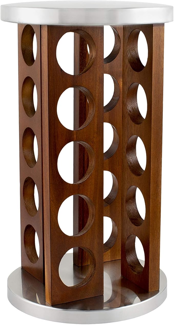 Orii 20 Jar Dark Acacia Wood Spice Rack with Spices Included - Rotating Tower Organizer for Kitchen Spices and Seasonings, (Dark Stained Acacia Wood)