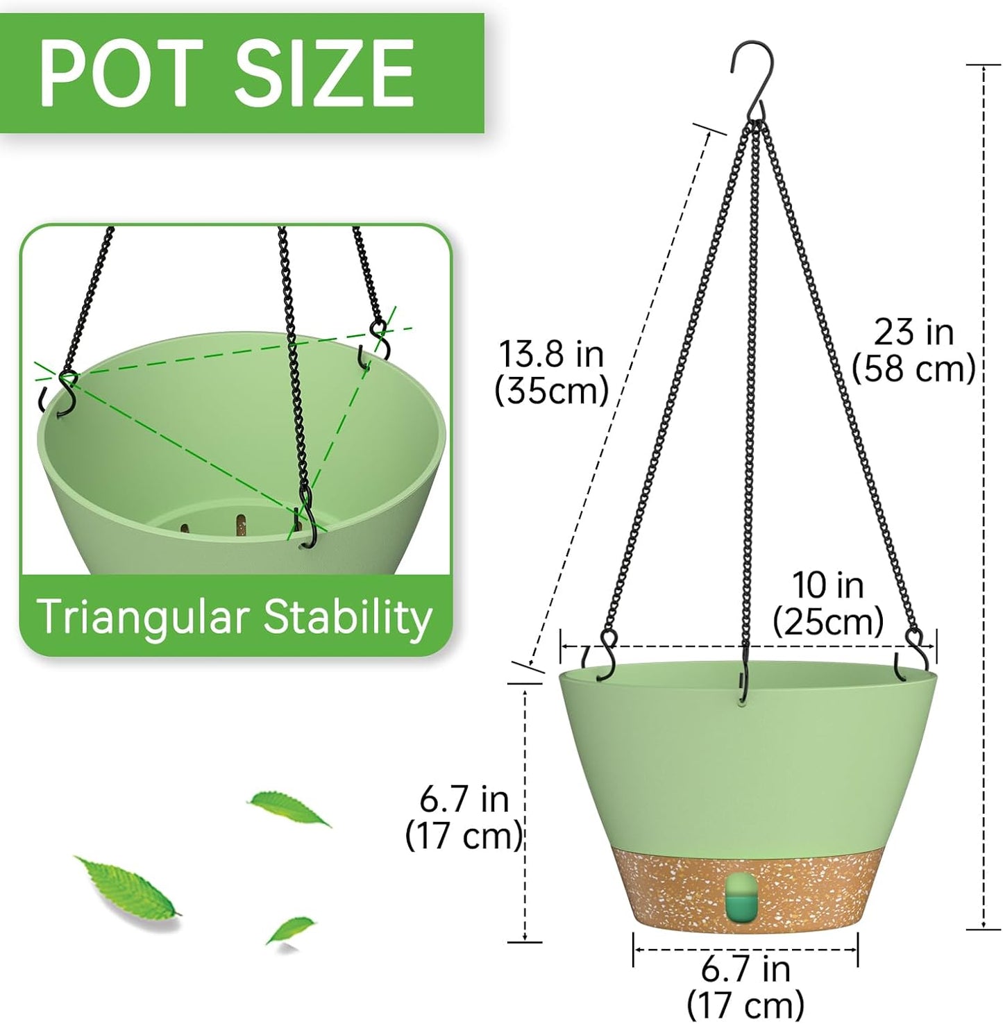 ZMTECH 2 Pack 10 Inch Hanging Planters for Outdoor Plants, Hanging Pots for Plants Indoor with Visible Water Level, Hanging Flower Basket with Drainage Holes & Removable Tray(Green)
