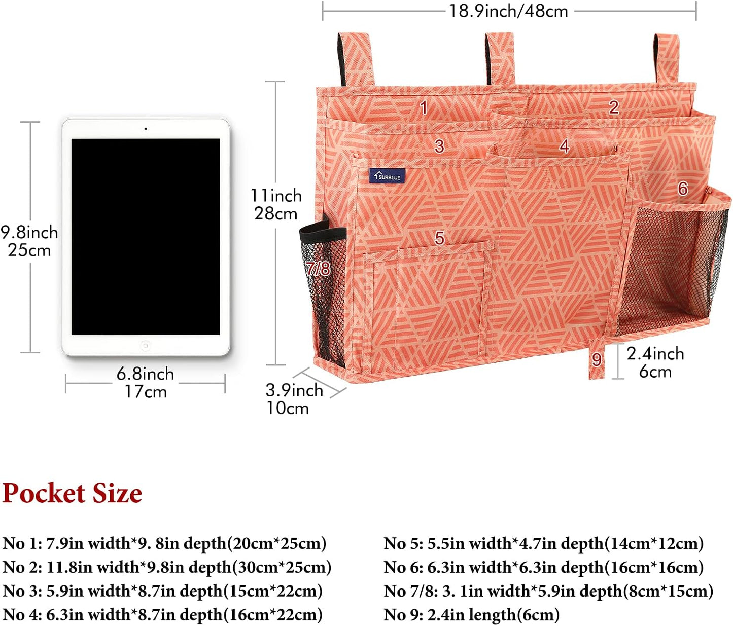 Surblue Bedside Caddy Hanging Organizer Storage Bag Pocket for Bunk, Hospital, College Dorm Rooms, Baby Bed Rails, Camp (8 Pockets), Orange Plaid