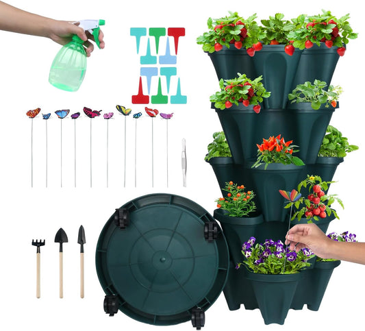 DUNCHATY Stackable Planter, Vertical Strawberry Planter with Garen Tool Set, Indoor/Outdoor 5 Tier Herb Planter Pots for Growing Vegetables and Succulents, Pine Green