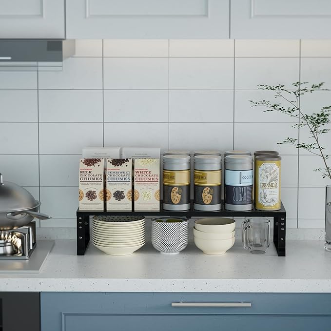 Expandable Spice Rack Kitchen Cabinet Shelf Organizer, Stackable Storage Shelves Racks, Adjustable Counter Shelving for Cabinets, Countertop, Cupboard,Pantry and More(2Packs/Black/Large)