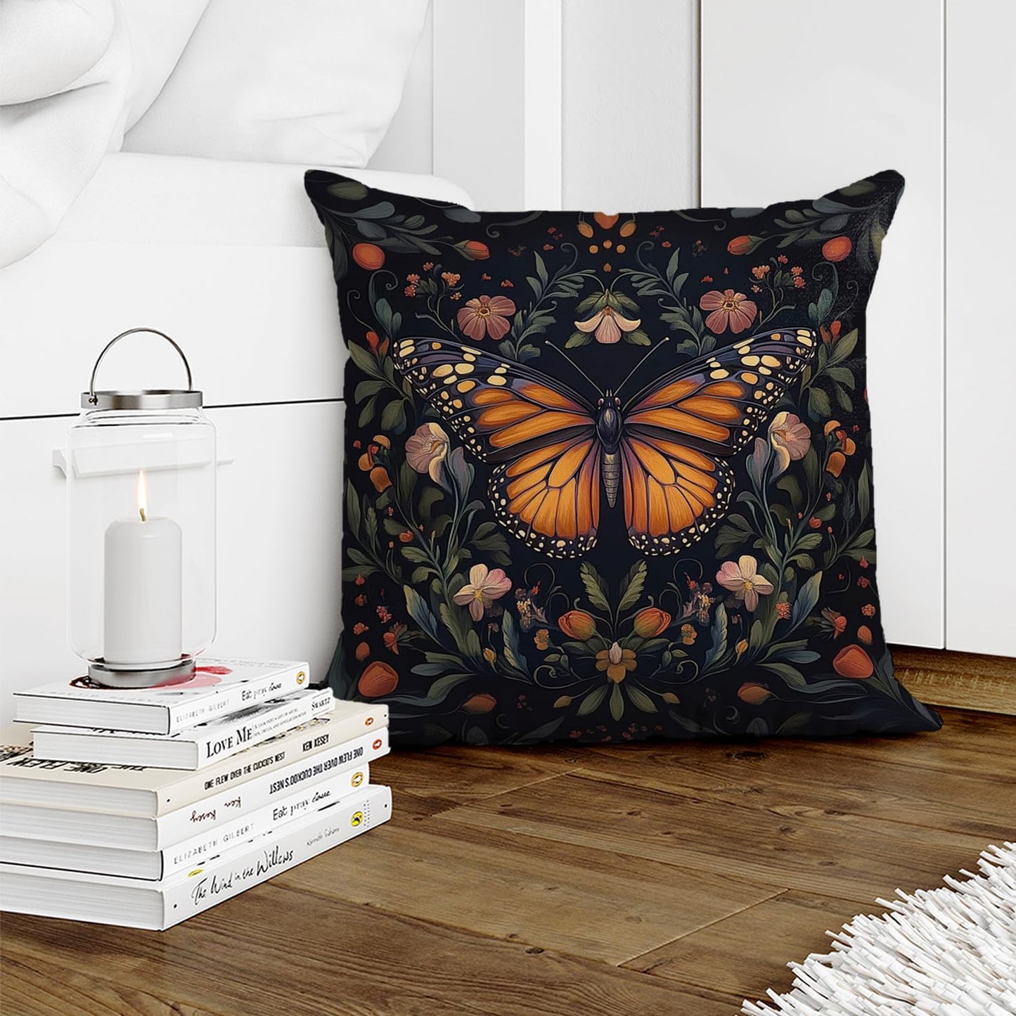 William Morris Abstract Vintage Floral Velvet Butterfly Design Throw Pillow Covers Home Decor, Retro Art Deco Pillowcase Cushion Cover for Bed Sofa Living Room, Square 18x18inch (Black-Butterfly)