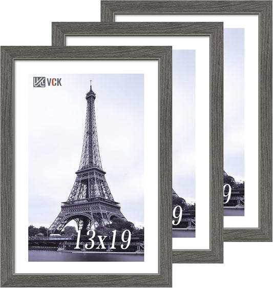 VCK 13x19 Picture Frame Set of 3, Gray Solid Wood Poster Picture Frame, Exclusive Wood Grain, Wall Mounting Hanging