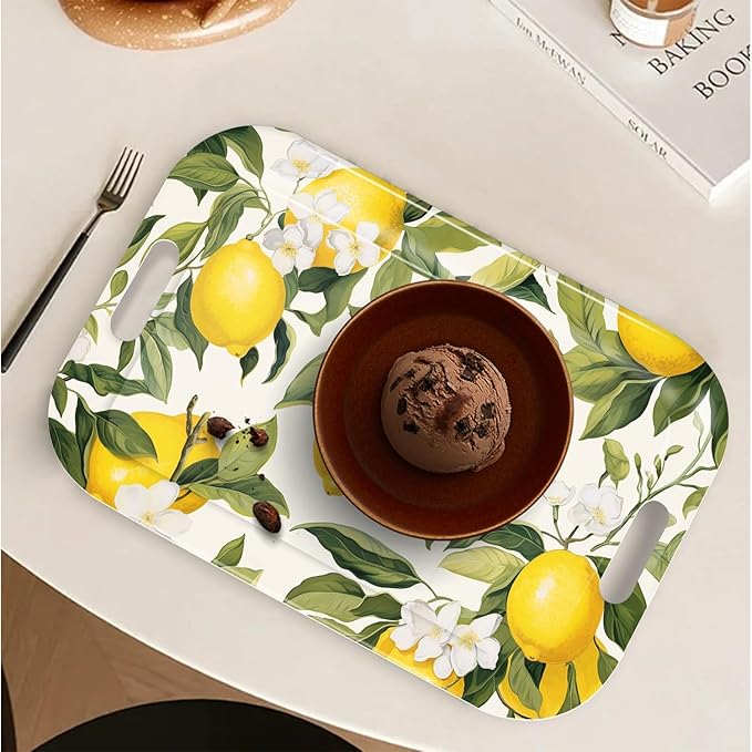 Serving Trays with Handles, 14.5 x 9.8 inch Rectangular Plastic Tray for Restaurant, Kitchen, Lemon and Lemon