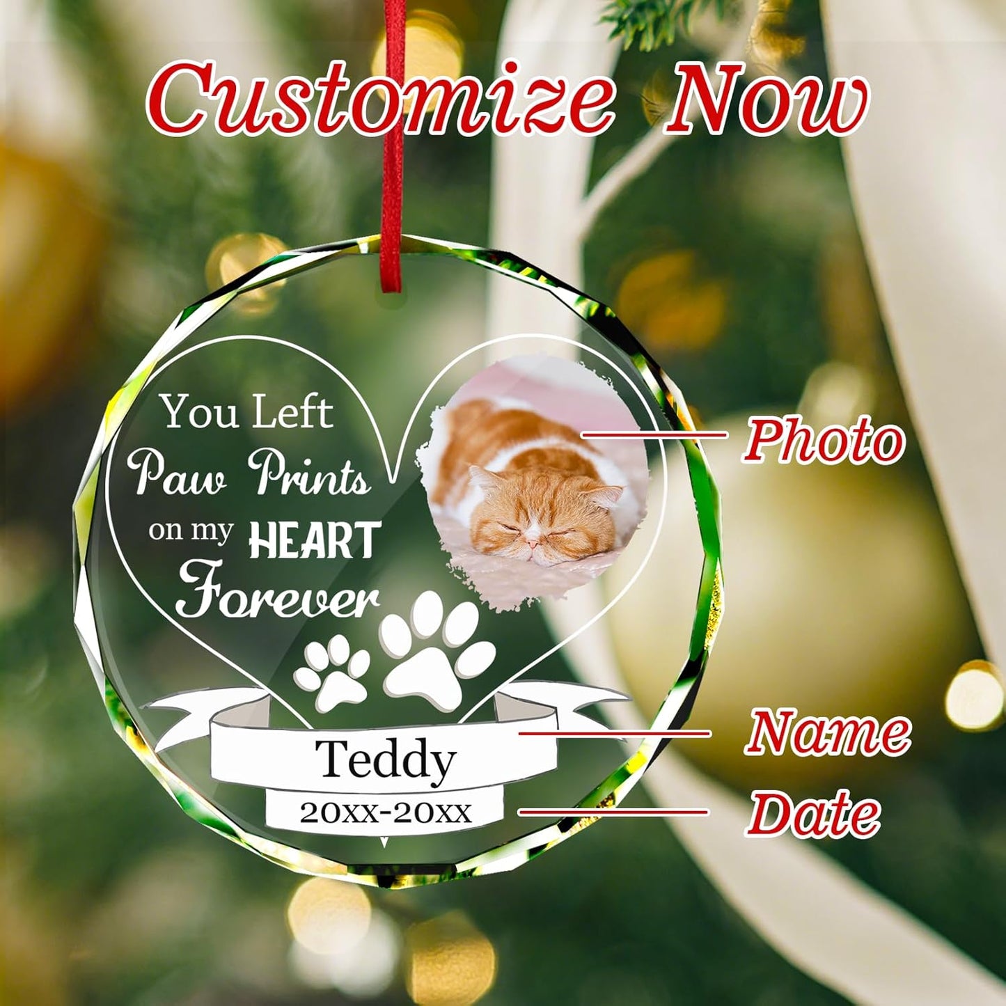 Personalized Memorial Pet Glass Ornament - Custom Picture Christmas Ornaments, Dog Forever in Our Hearts Hanging Ornament Xmas Tree Decor for Dog Lovers