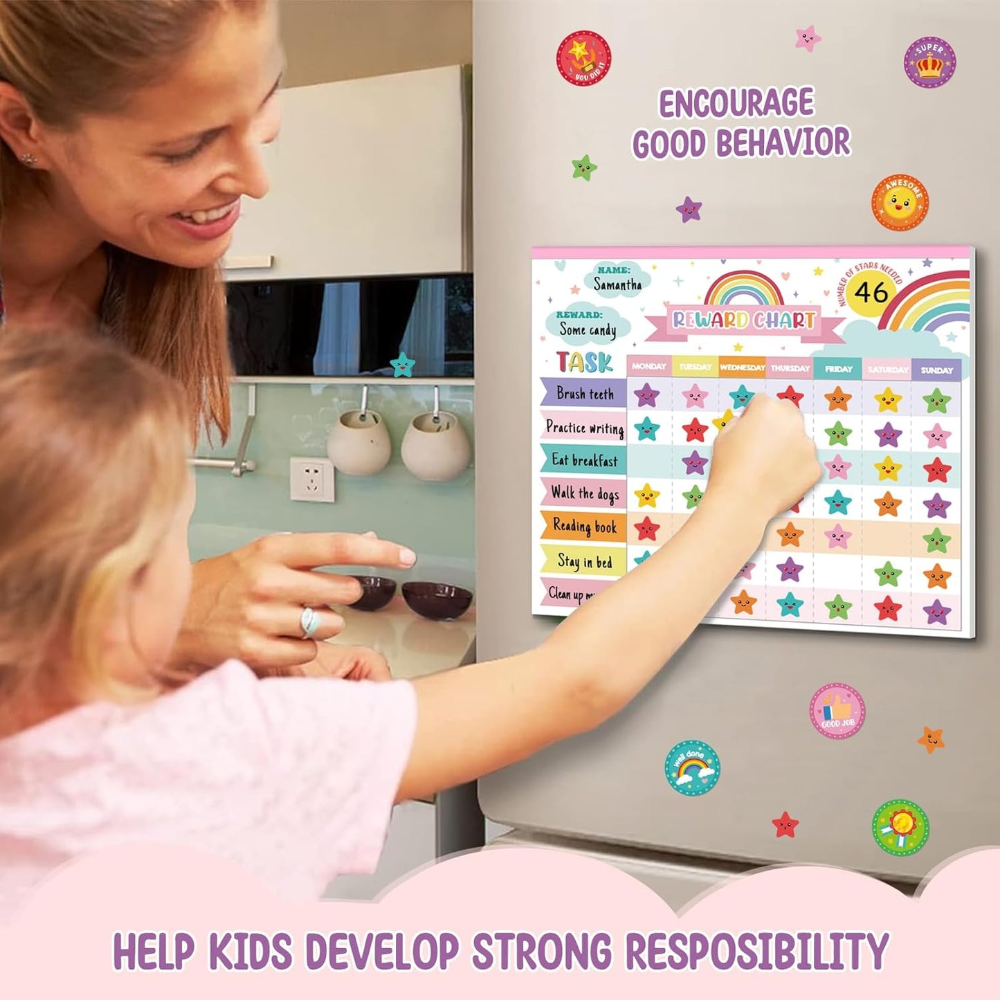 Reward Chart for Kids,Magnetic Behavior Chore Chart for Kids at Home,26 Rainbow White Chore Charts,1960 Star Stickers,56 Reward Stickers,Incentive Chore Chart to Develop Responsibility and Good Habits