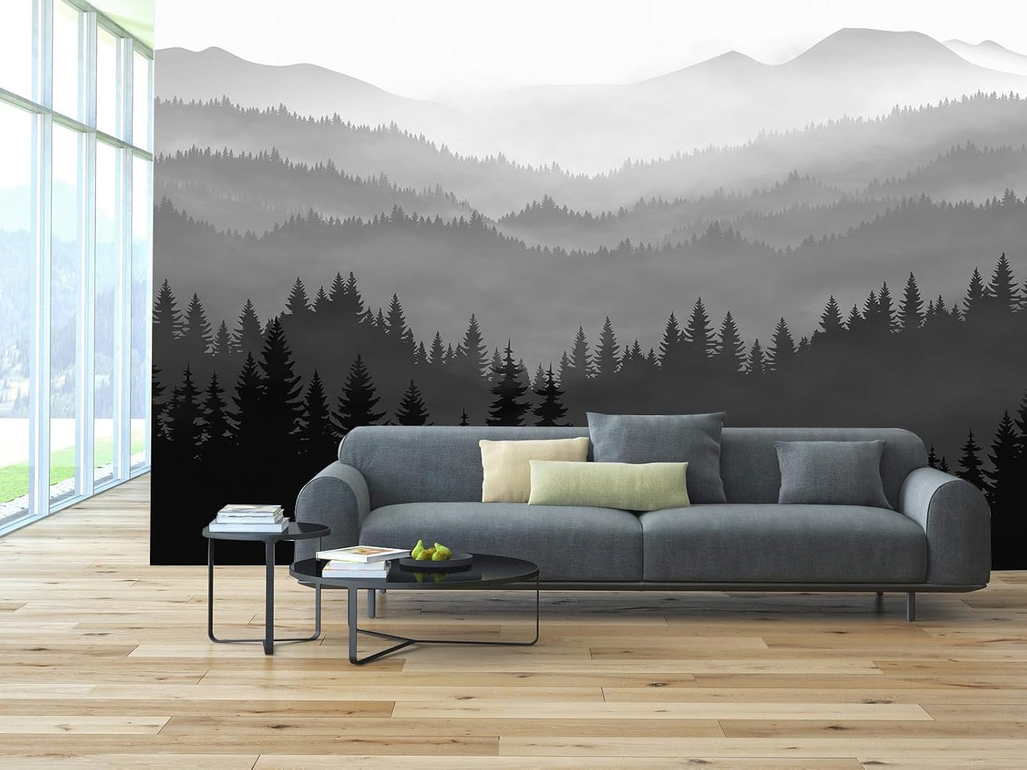 WFBHUA-Black and White Forest Mountain Wallpaper Gray Woodland Nature Landscape Wall Paper Mural for Bedroom Living Room(Not Peel and Stick)