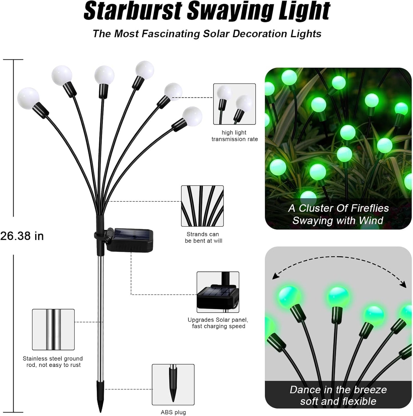 Solar Firefly Light, Christmas Lights for Outside Decorations, 4 Pack 24 LED Green Solar Garden Lights, Outdoor Waterproof Garden Decor for Yard Patio Pathway Lawn Christmas