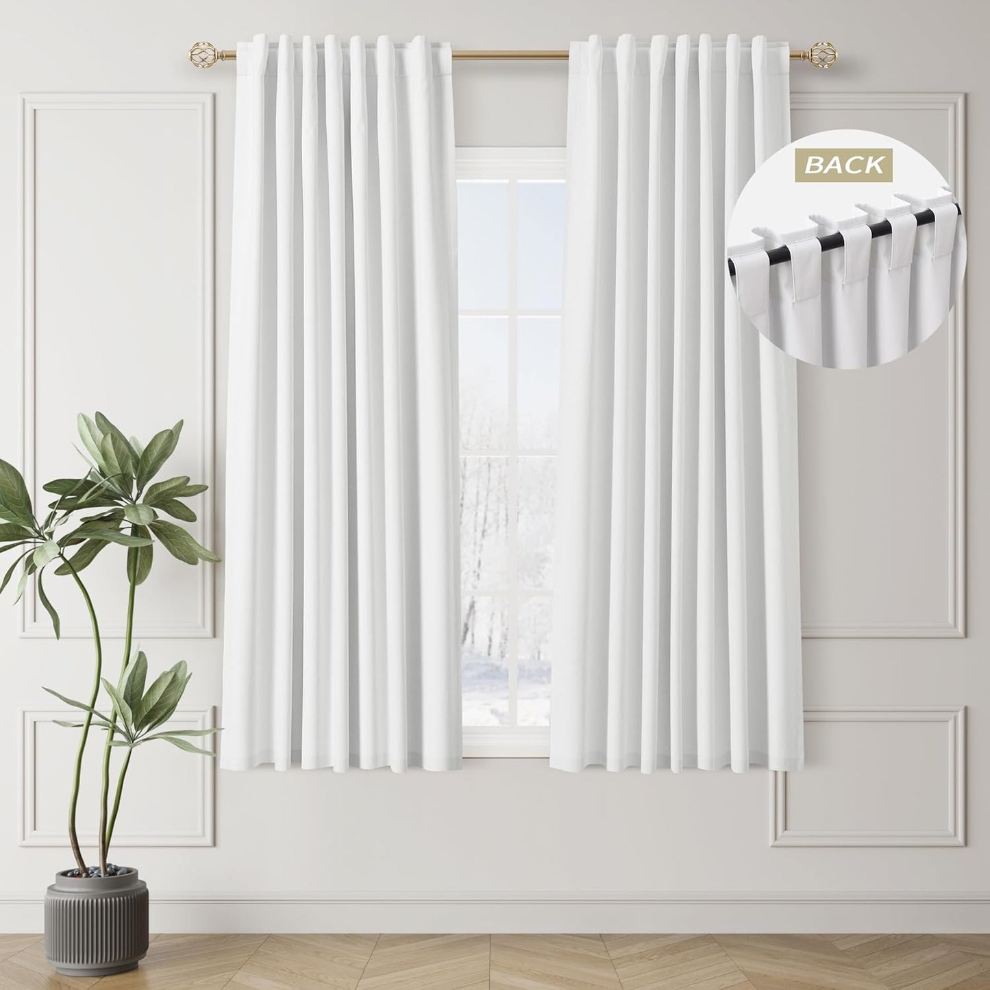 BOODII White Blackout Curtains 63 Inch Length for Bedroom Window Room Darkening Full Light Blocking Curtains Back Tab Neutral Elegant Black Out Curtain Thermal Insulated Linen Drapes Pure White 52x63