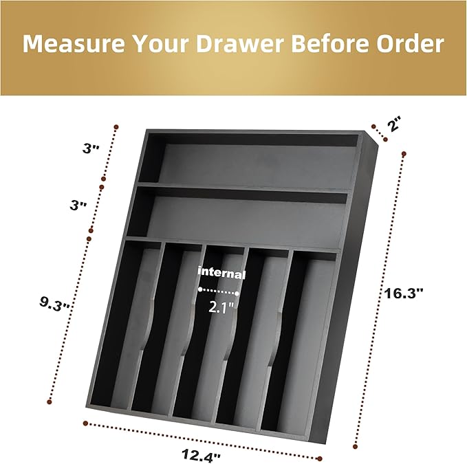 Silverware Organizer Kitchen Drawer Organizer Utensil Organizer Bamboo Silverware Holder Cutlery Organizer in Drawer Flatware Organizer Tray(7 slots, Black