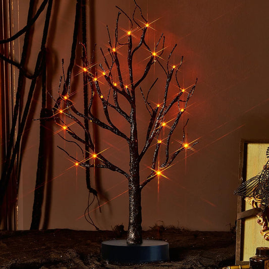 Fudios Black Halloween Tree with Lights 24 LED Orange with Timer, Lighted Tabletop Glittered Spooky Tree Artificial 18in for Witch Home Decor Battery Operated or USB Plug