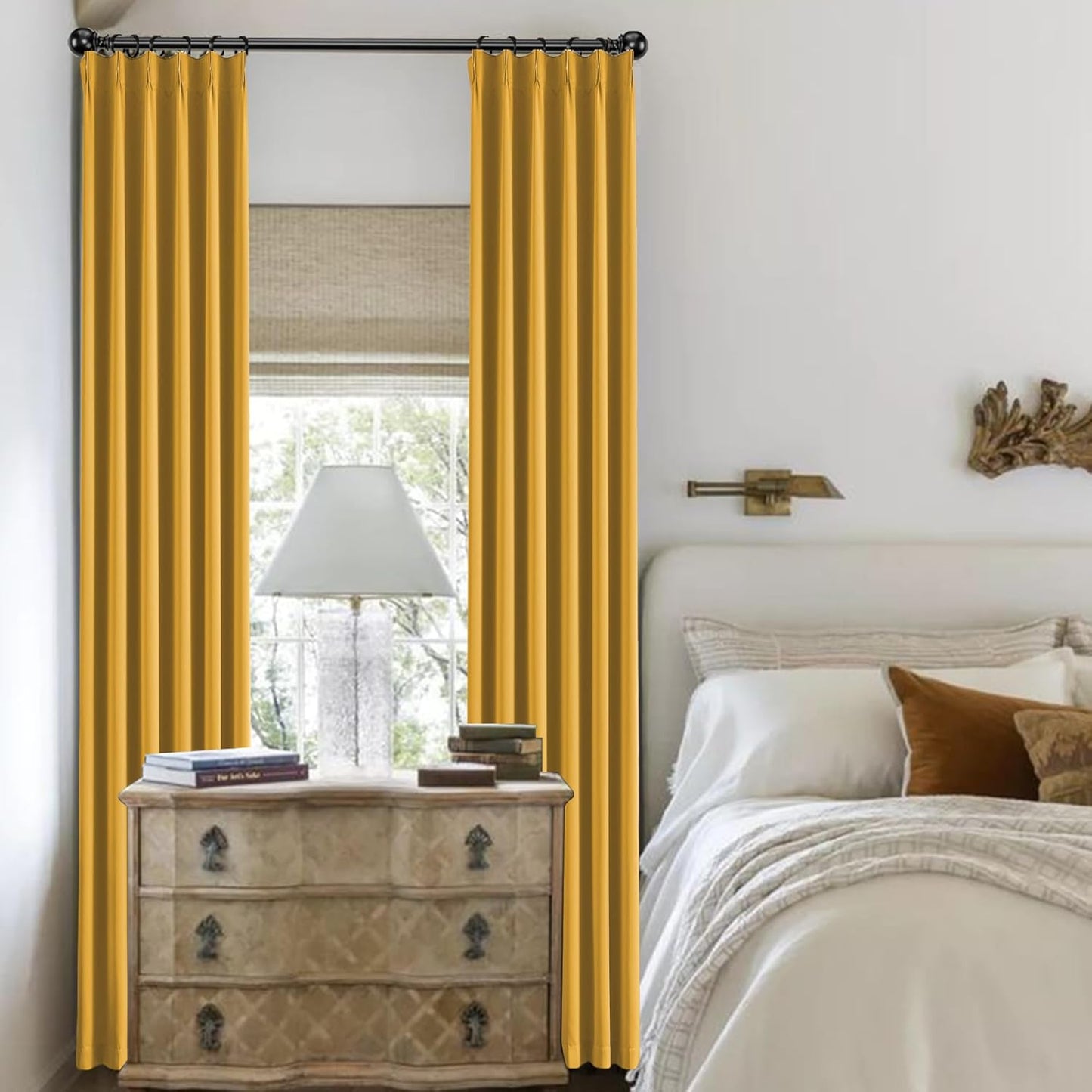 KangBang Yellow Pinch Pleated Curtains 90 Inches Long for Bedroom, Blackout Energy Saving Neutral Modern Pinch Pleat Curtains & Drapes with Adjustable Hooks 2 Panels,40Wx90L