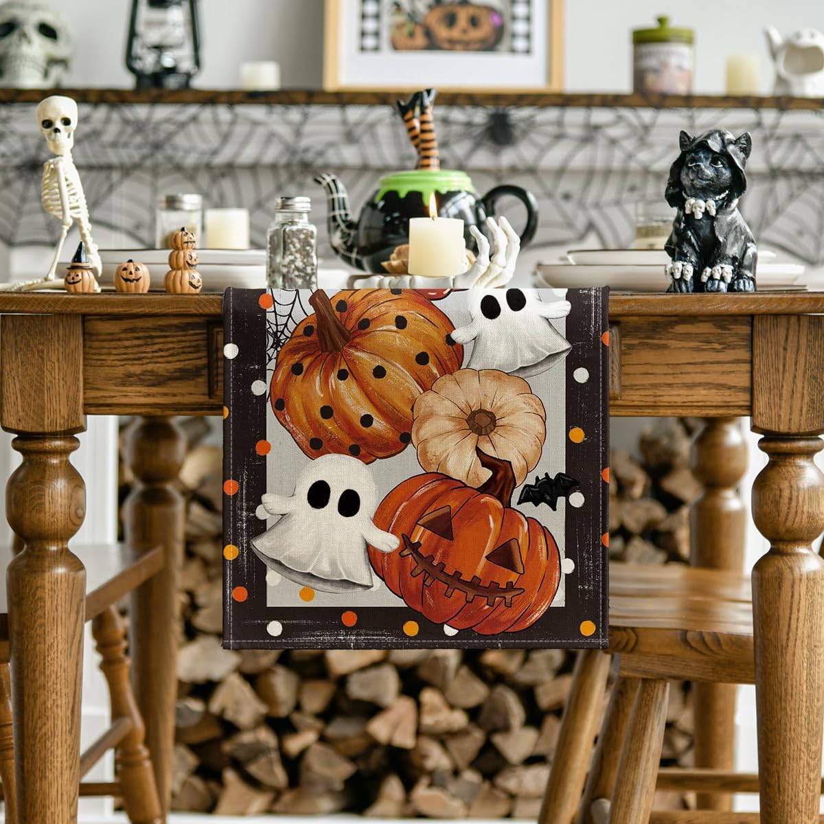 Artoid Mode Jack-O'-Lantern Pumpkin Ghost Spider Web Halloween Table Runner,Holiday Kitchen Dining Table Decoration for Home Party Decor 13 x 48 Inch