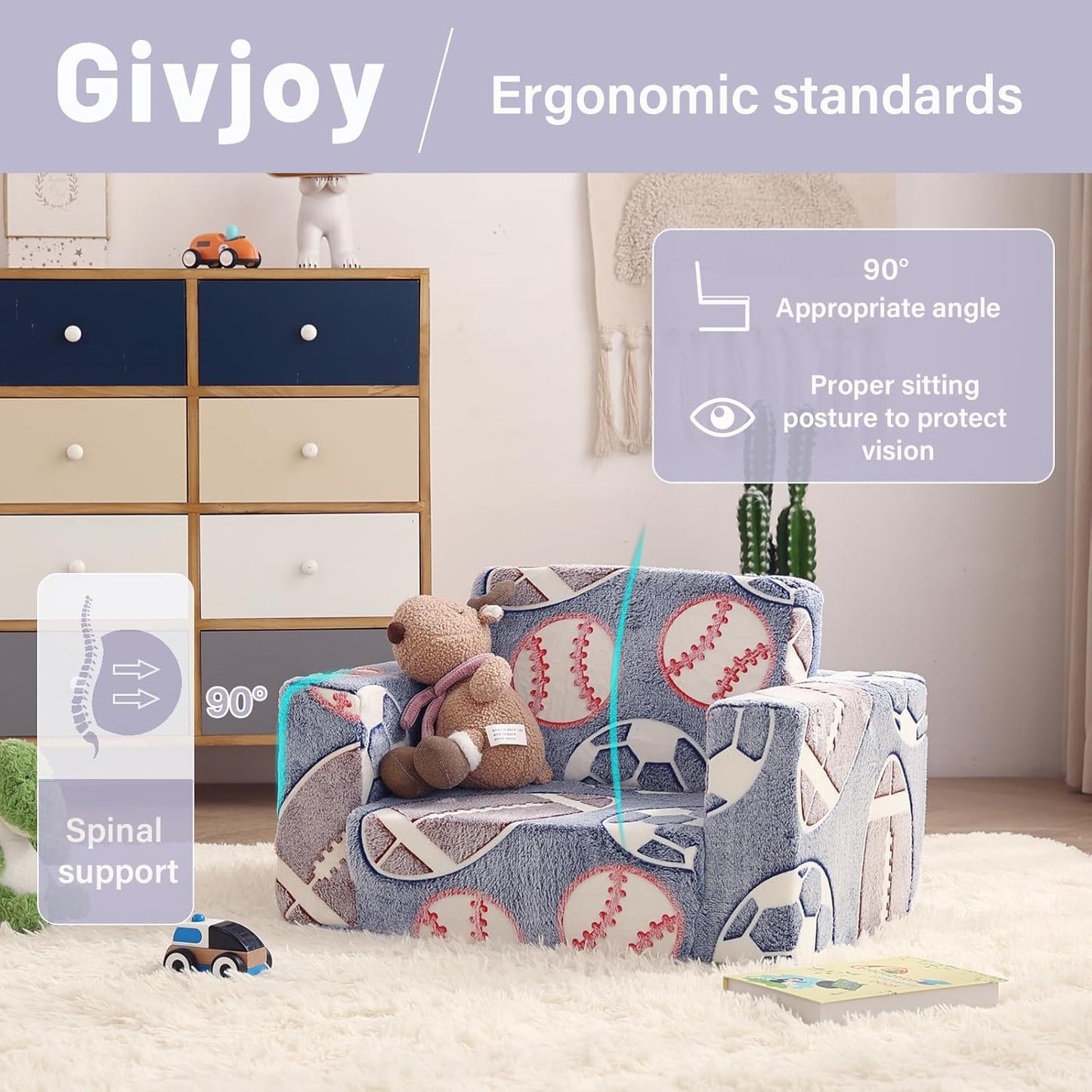 Toddler Chair Kids Couch, 2-in-1 Toddler Soft Sherpa Couch Fold Out Armchair Glow in The Dark with Removable Cover, Convertible Reading Chair Toddler Sofa for Kids, Football