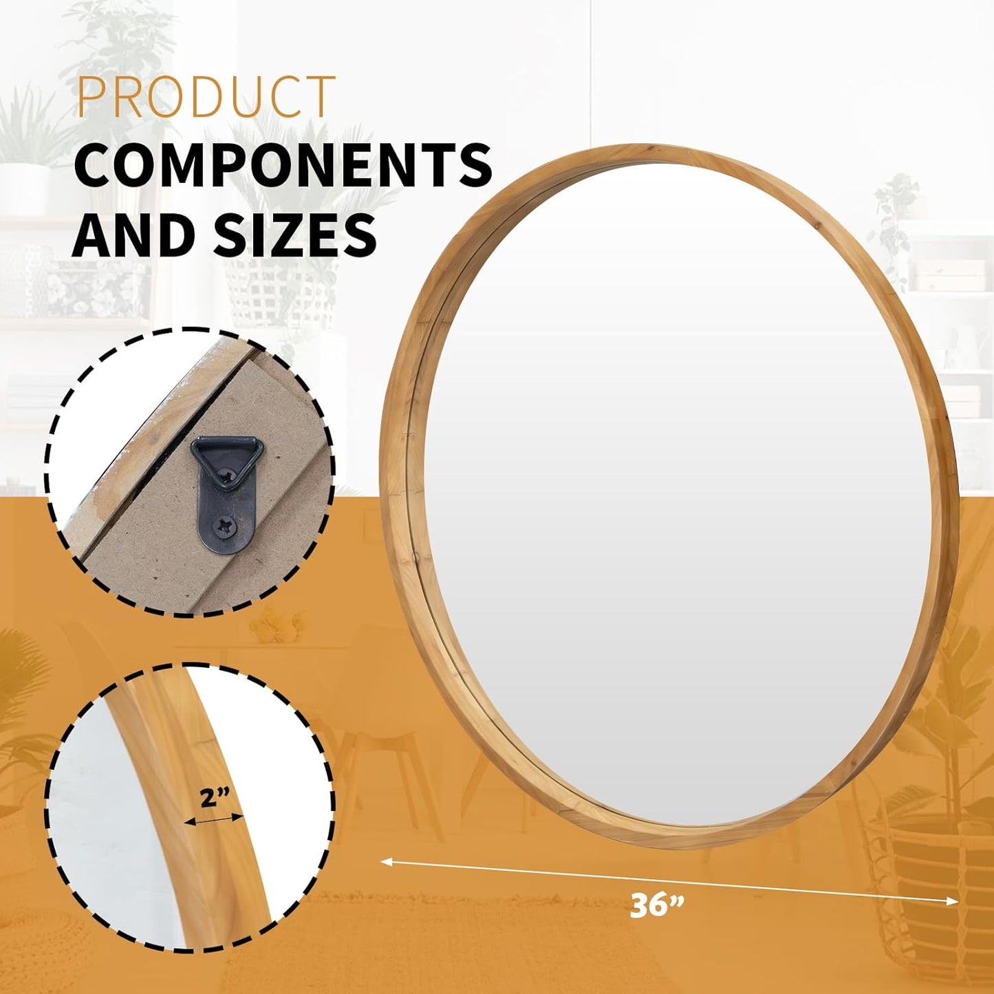 36" Bathroom Mirror, Round Wall Mirror with Wood Frame, Farmhouse Mirror for Wall Decor, Wall-Mounted Mirror for Bedroom, Living Room, Wood