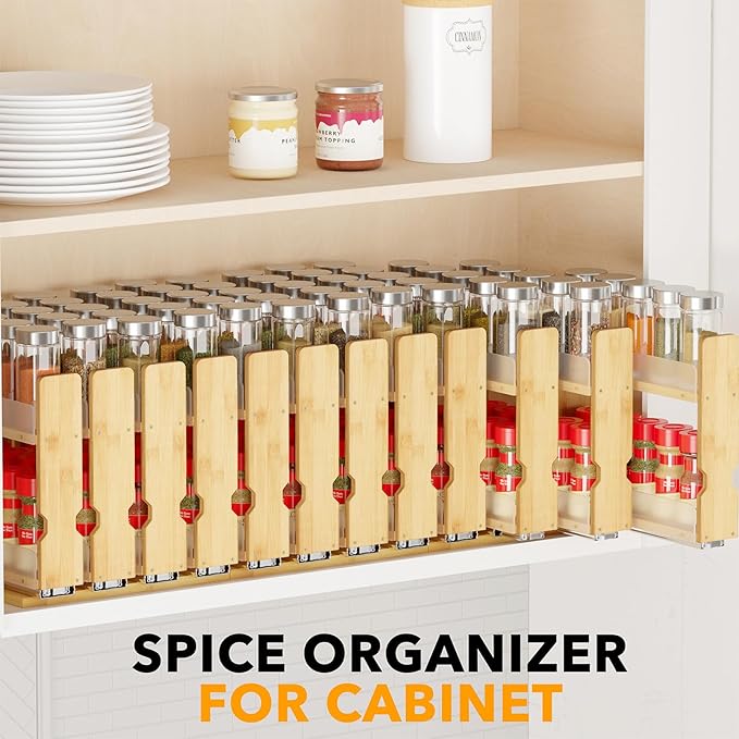 SpaceAid Bamboo Pull Out Spice Rack Organizer for Cabinet, Heavy Duty Slide Out Seasoning Kitchen Pantry Sliding Vertical Organization, 10.1" Wide, 4 Drawers(2" Wide), 2-Tier, Natural