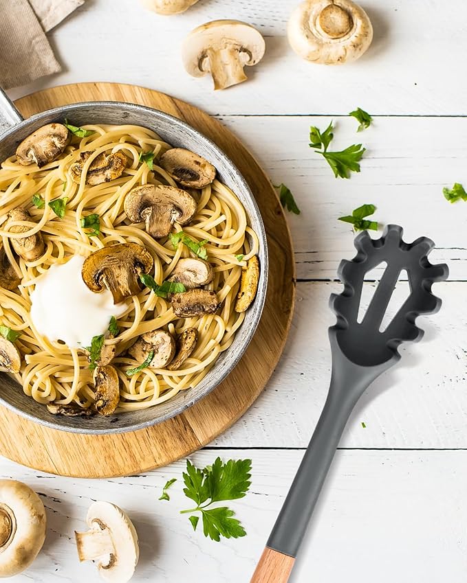 Silicone Pasta Fork, Kitchen Heat Resistant Noodle Spoon Server, BPA Free Spaghetti Strainer,12.8 inch (Grey)