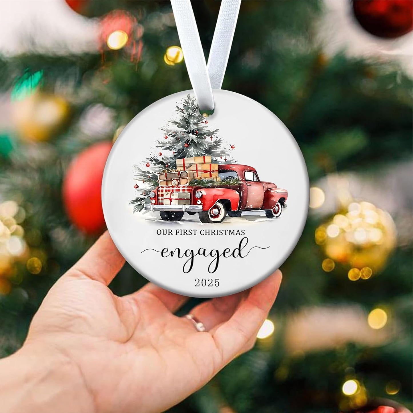 Christmas Ornaments 2025 Our First Christmas Engaged Ornament 2025 Engagement Gifts for Couples Xmas Gifts Newly Engaged Couples Hanging Decorations for Bride to Be Friends 3Inch Ceramic