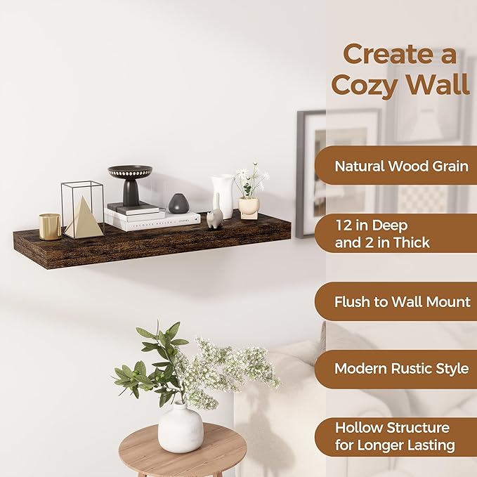 Floating Shelves 30 Inch Long, 12 Inch Deep Floating Shelf for Books, Rustic Wood 30 x 12 Storage Shelves for Wall Storage & Display, Thicked Wall Shelf for Kitchen, Living Room, Rustic Brown, 1 Pack