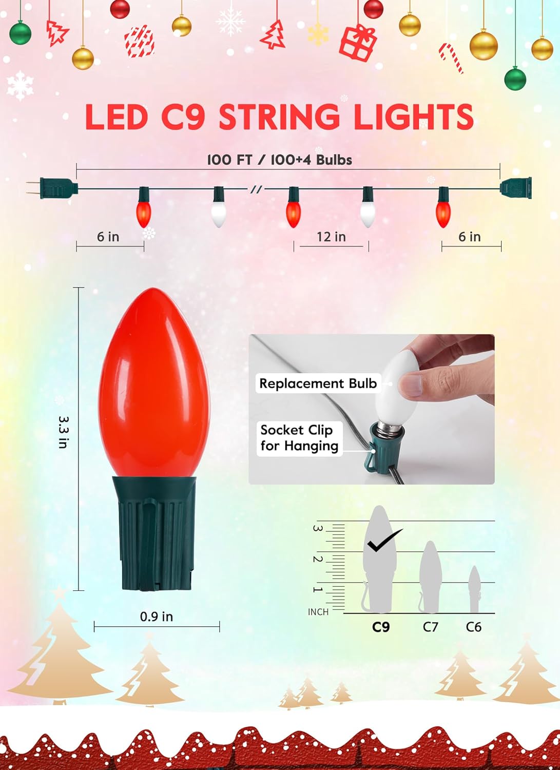 C9 LED Christmas Lights Outdoor, 100 Feet C9 String Lights with 100 Shatterproof Matte Bulbs, Connectable Waterproof Christmas Tree Lights for Holiday Roofline Backyard Garden Decor, Red & Pure White