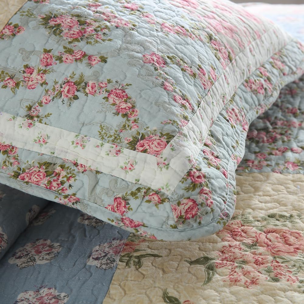 Cotton Bedspread Quilt Bedding Sets 3 Pieces Reversible Coverlet Sets Comforters Green Rose Floral Patchwork Bedspread, King Size