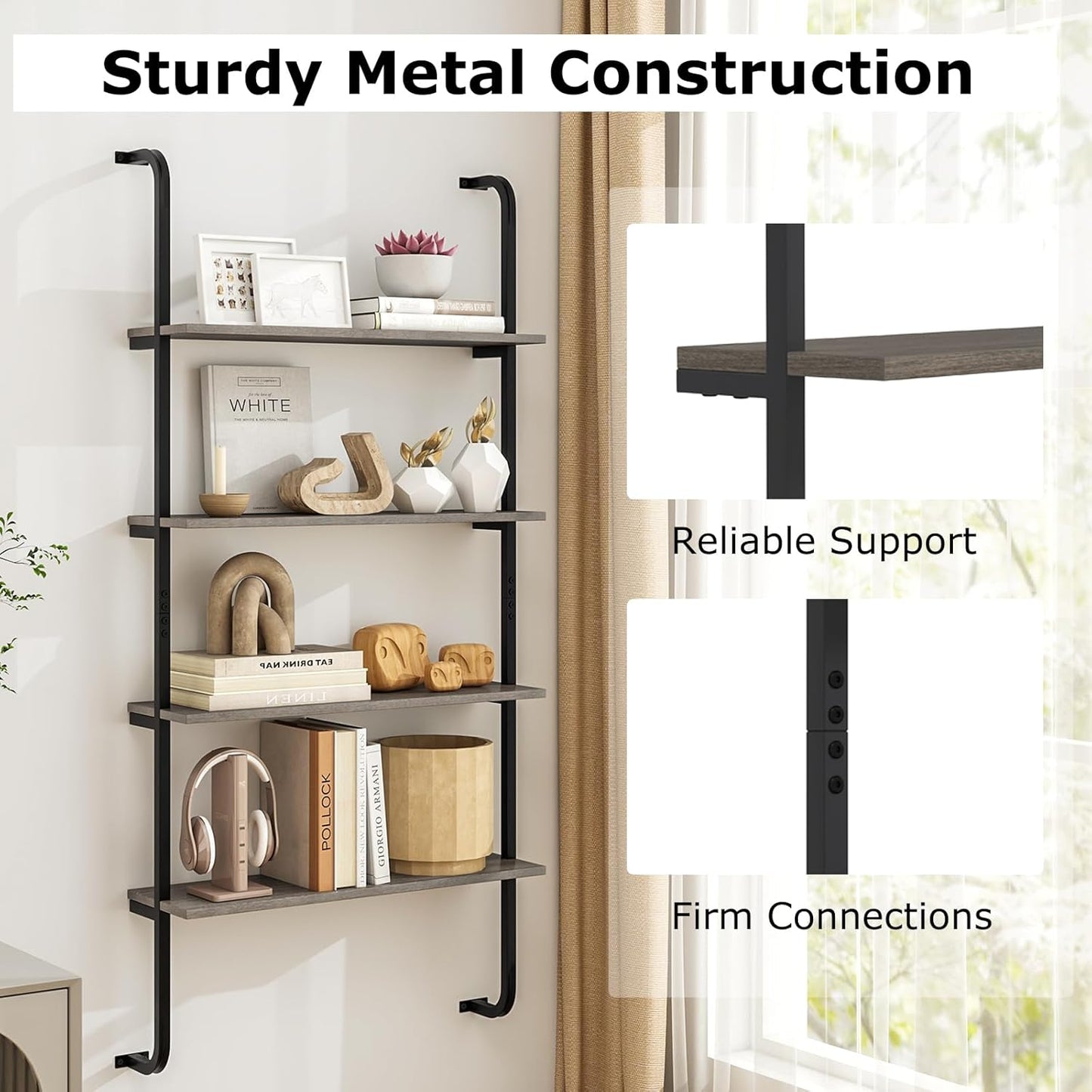 Giantex 4-Tier Industrial Bookshelf, Wall Mounted Pipe Shelving Unit, Floating Shelves with Metal Frame, Hanging Wall Display Shelf, Wood Ladder Bookshelf for Living Room, Kitchen,Gray Oak