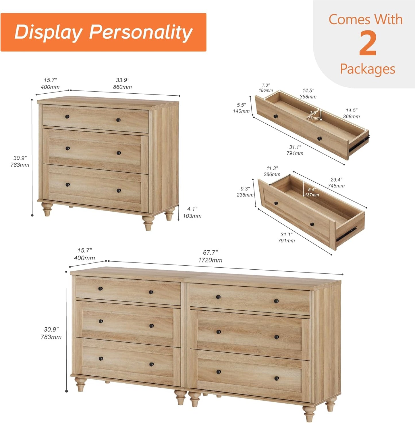 WAMPAT Kids Dresser for Bedroom with 6 Drawers, Oak Baby Dressers with Wide Chest of Drawers, Mid Century Modern Wooden Closet Storage Organizer, Large Wood Dressers for Living Room, Nursery, Hallway