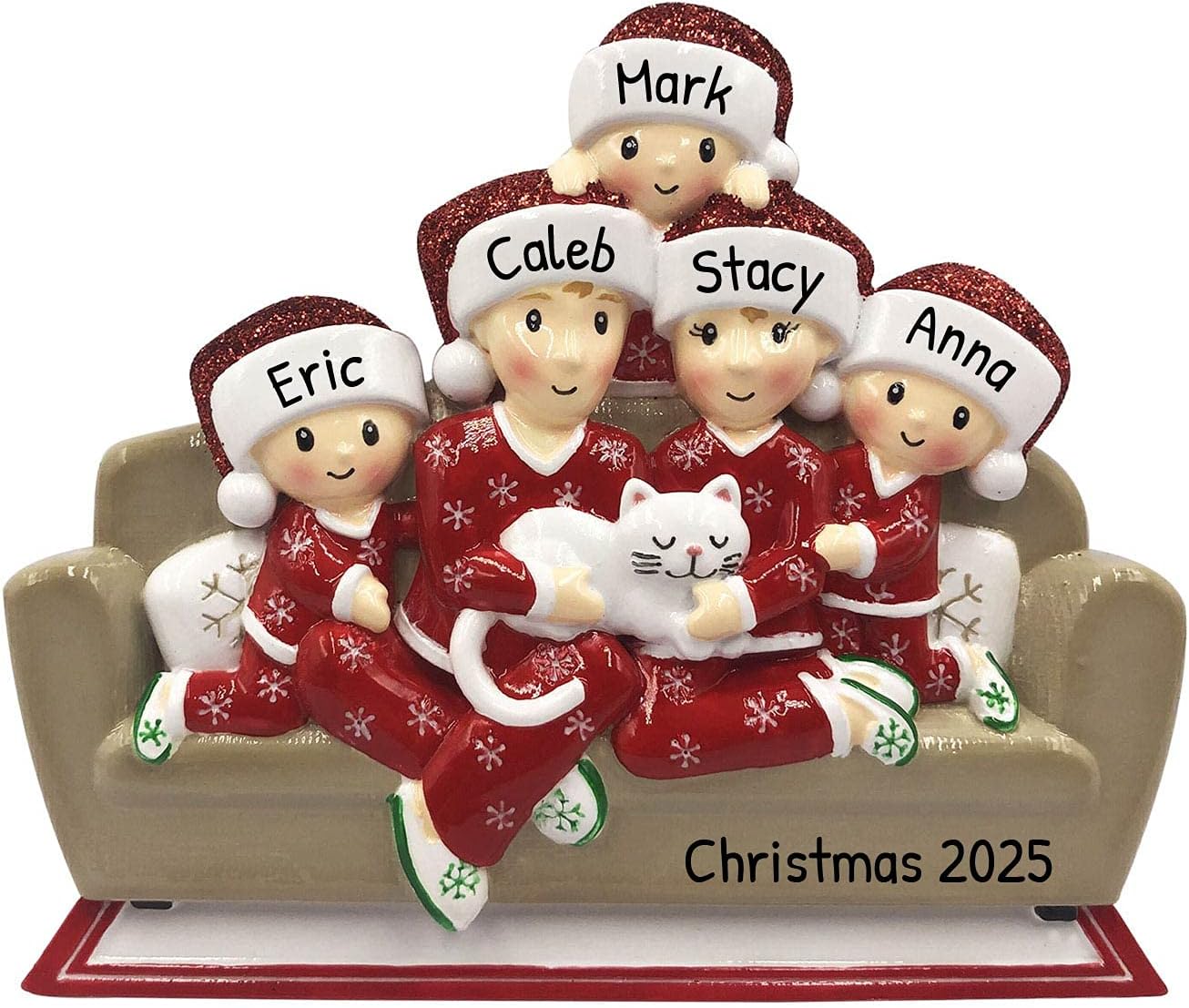 3D Matching Pajama Family of 5 with Cat Ornament 2025 Personalized Family Christmas Ornaments 2025 | Pet Lovers Personalized Tree Ornaments Customizable Gifts of Cat Lovers of Five with Pet Ornament