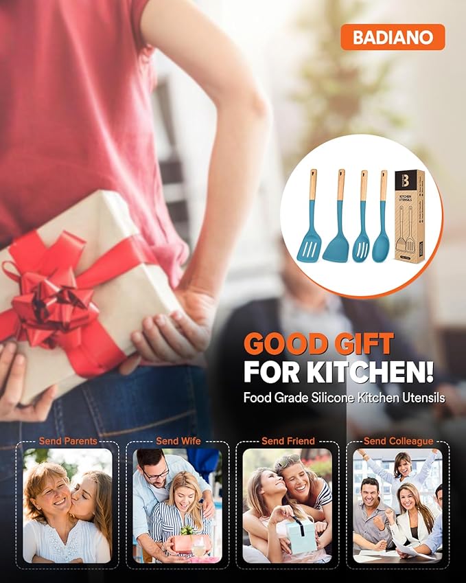 Silicone Cooking Utensils Set, Perfectly Angled for Frying, Mixing,Serving,Draining,Turning and Stirring, BPA-Free Matte Silicone, Wood Handles, Safe for Nonstick Cooking Surfaces,4 Pack (Blue)