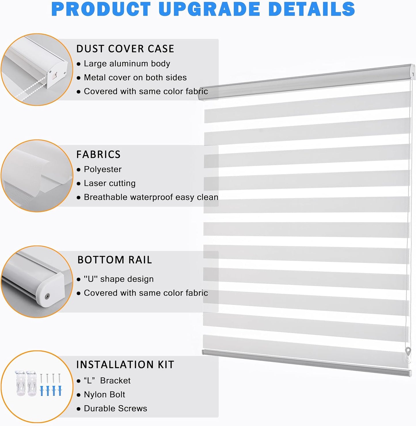 Zebra Blinds for Windows Dual Layer Light Filtering Privacy Free-Stop Sheer Shades Light Control for Indoor Windows Zebra Shades for Living Room(60" W X 72" H, White)