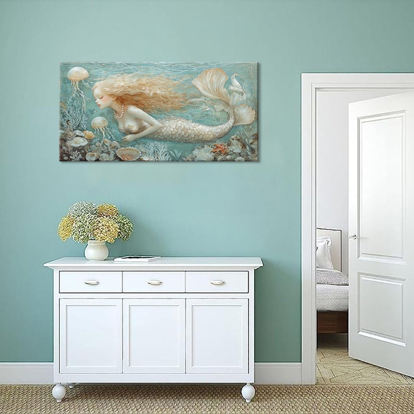 LASMOND Ocean Mermaid Wall Art for Girls Room Modern Canvas Prints Marine Organism Underwater World Sea Creatures Artwork Paintings Women Bedroom Wall Decor (40x20 Inches)