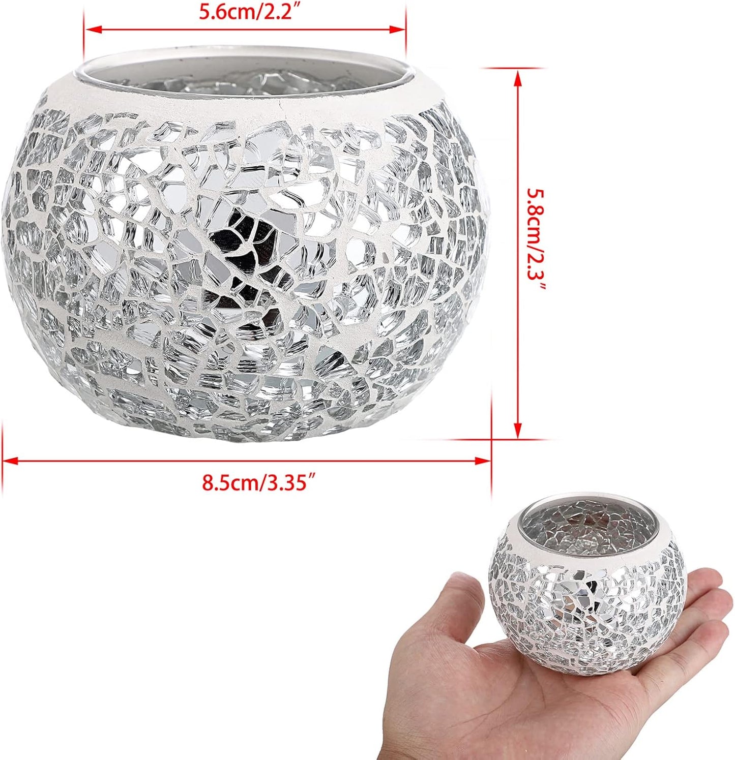 OwnMy 3PCS Mosaic Glass Tea Light Holders Round Bowl Votive Candle Holders Pillar Candle Stands, Silver Glass Mosaic Tealight Holders Potted Plant Bowl Vase Candle Centerpiece for Dining Table Wedding