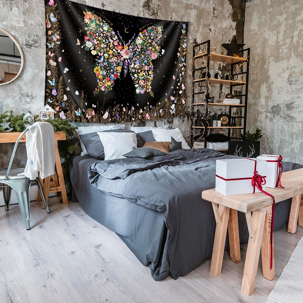 Damanse Butterfly Tapestry Wall Hanging Cute,Boho Wall Tapestry for Bedroom Aesthetic,Flower Living Room Decor for Teen Girls (Black, 59.80" x 78.70")