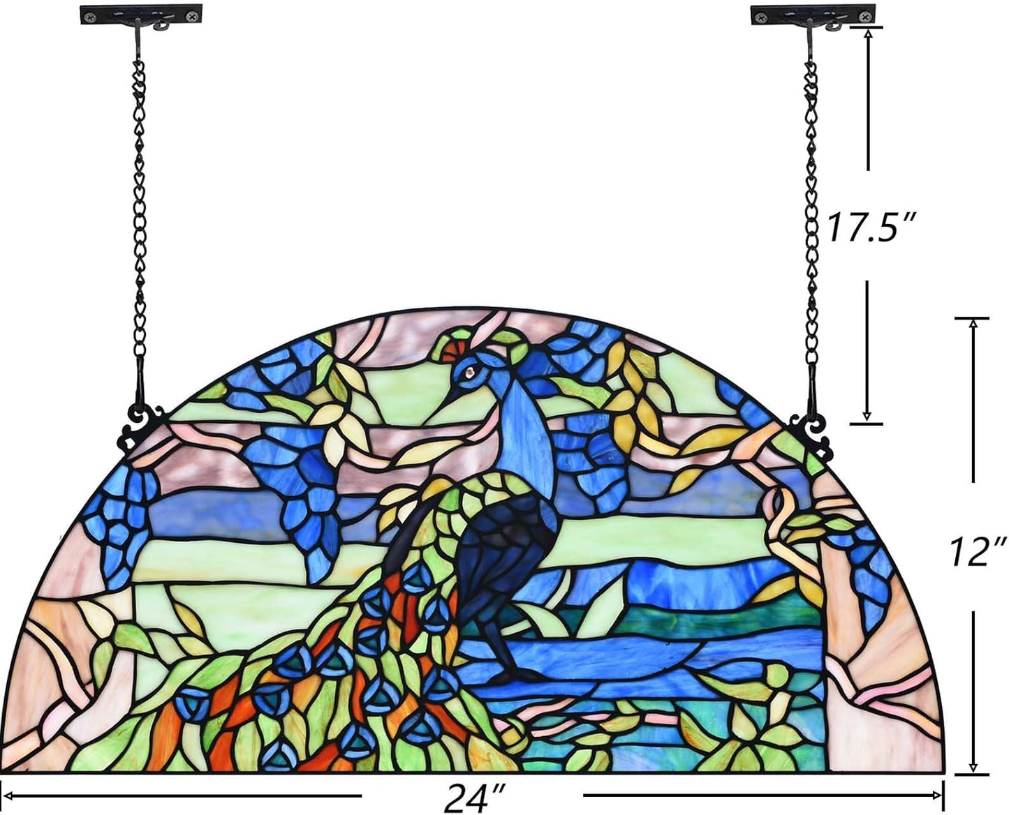 Bieye W10093 Peacock in Garden Tiffany Style Stained Glass Window Panel for Home Decor (Blue, 24Wx12H Half-Round)