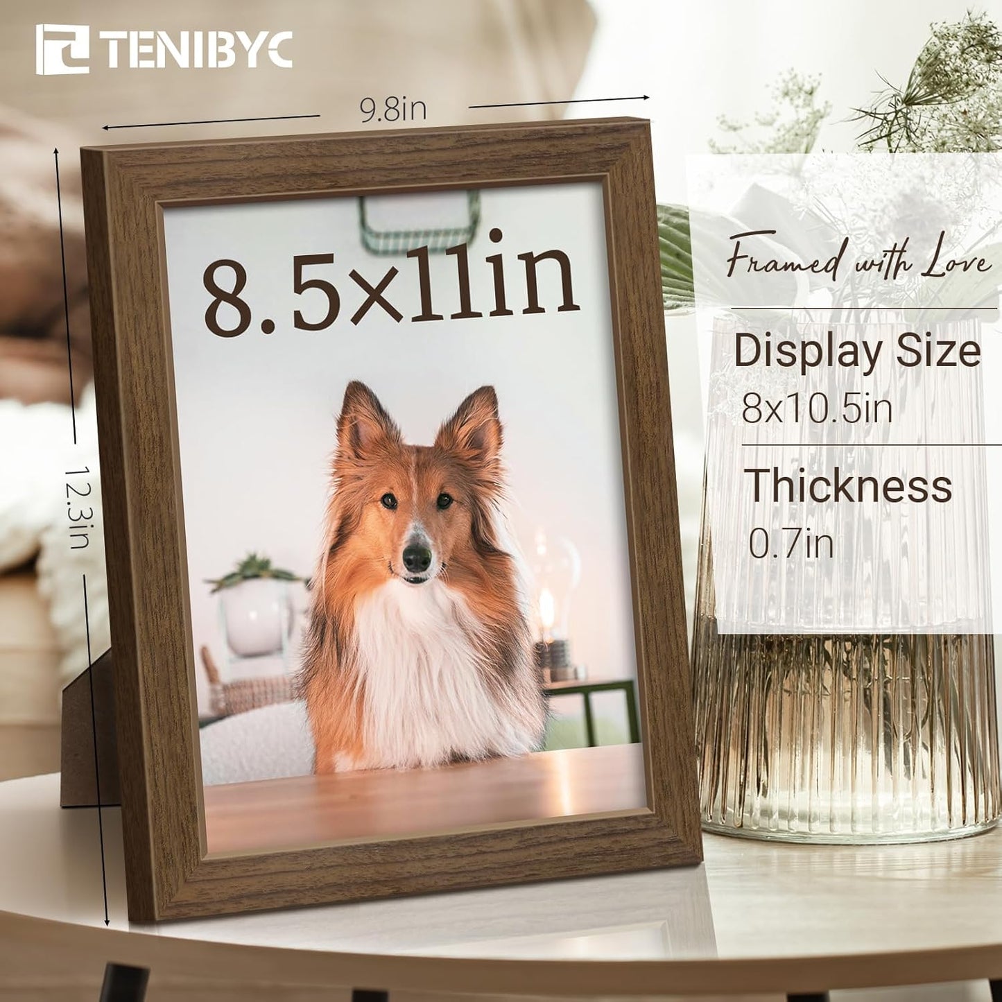 8.5x11 Picture Frame Set of 3 - Brown Woodgrain, Wood Photo Frame, HD Tempered Glass, Table Display or Wall Hanging