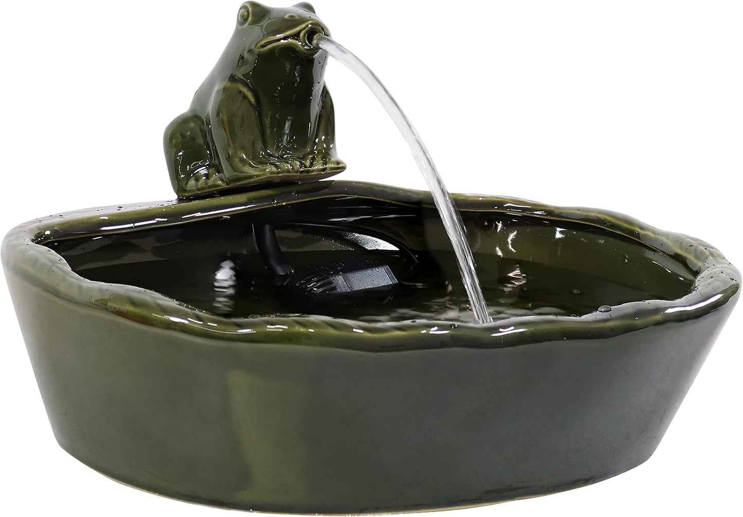 Sunnydaze Ceramic Solar-Powered Water Fountain - Green Glaze - Low-Voltage Submersible Pump with Filter - Frog