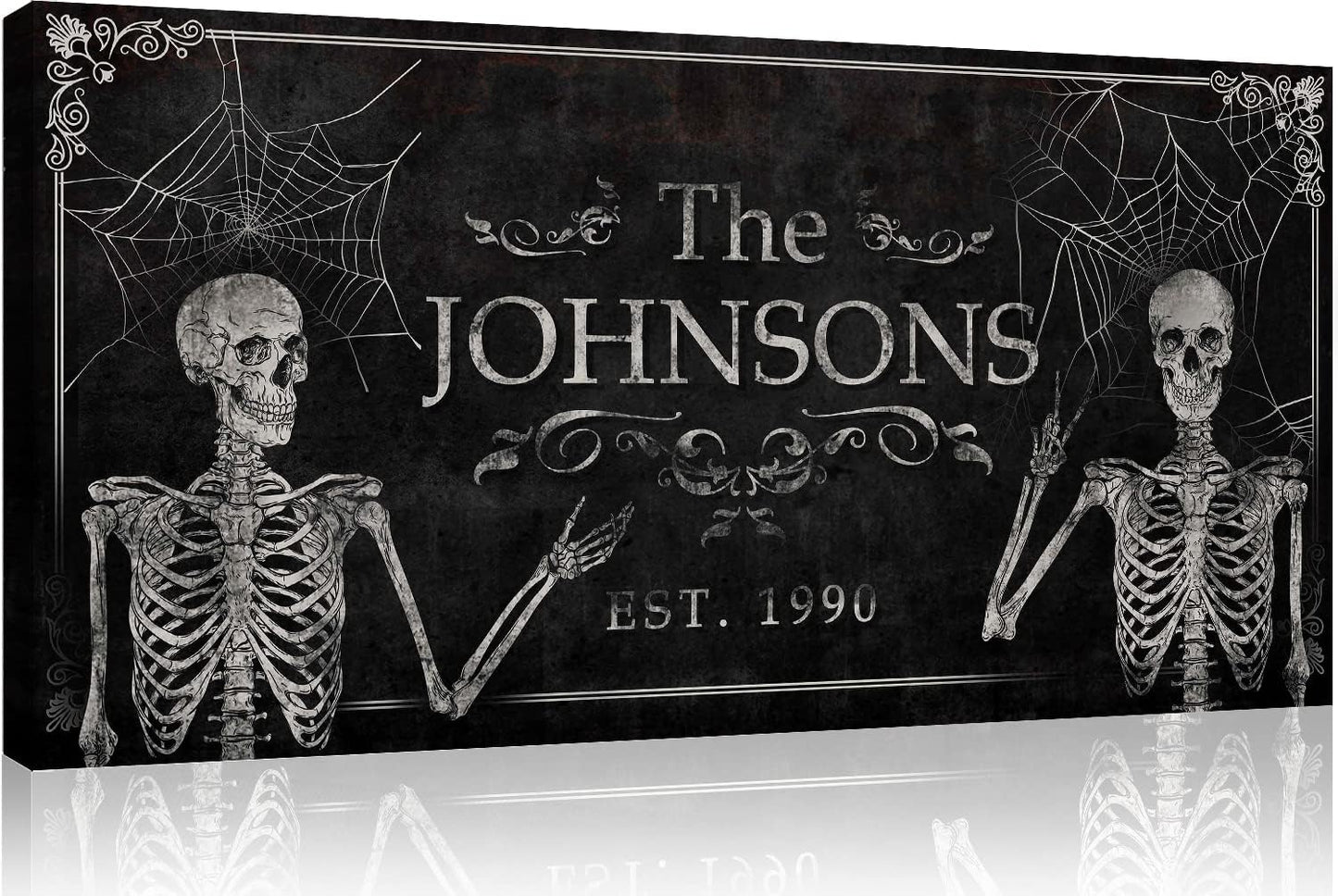Tailored Canvases Gothic Family Wall Decor - Personalized Grunge Vintage Skeleton Room Decor for Home, Halloween Lovers, Men & Women for Bedroom, Living Room - Custom Couple Name, White Print, 20"x10"