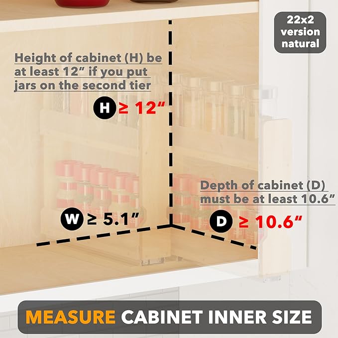 SpaceAid Bamboo Pull Out Spice Rack Organizer for Cabinet, Heavy Duty Slide Out Seasoning Kitchen Pantry Sliding Vertical Organization, 5.1" Wide, 2 Drawers(2" Wide), 2-Tier, Natural