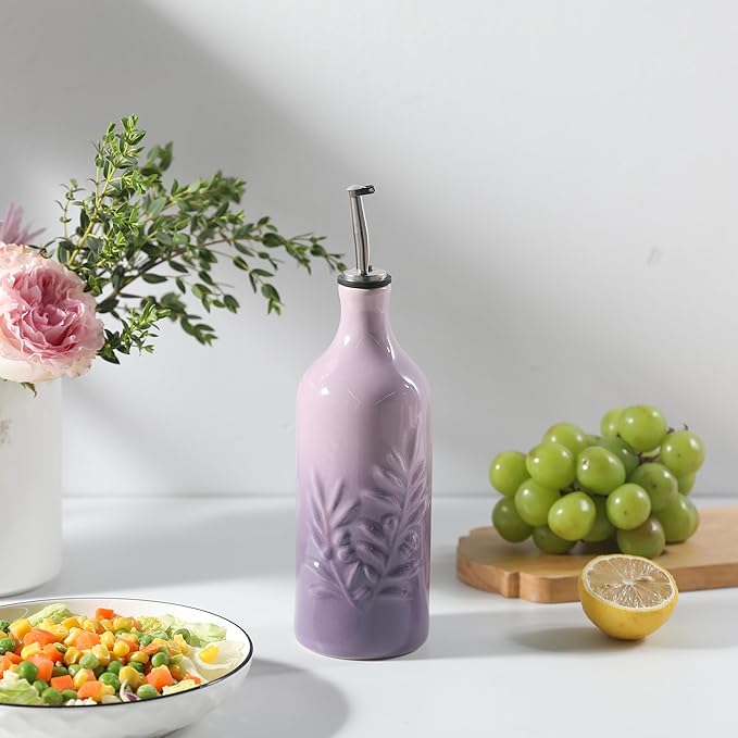 Sweejar Ceramic Olive Oil Dispenser Bottle, 20 Oz Relief Opaque Oil Cruet Protects To Reduce Oxidation, Suitable for Storage Soy Sauce, Coffee Syrup, Liquids, Set of 1 (Gradient Purple)