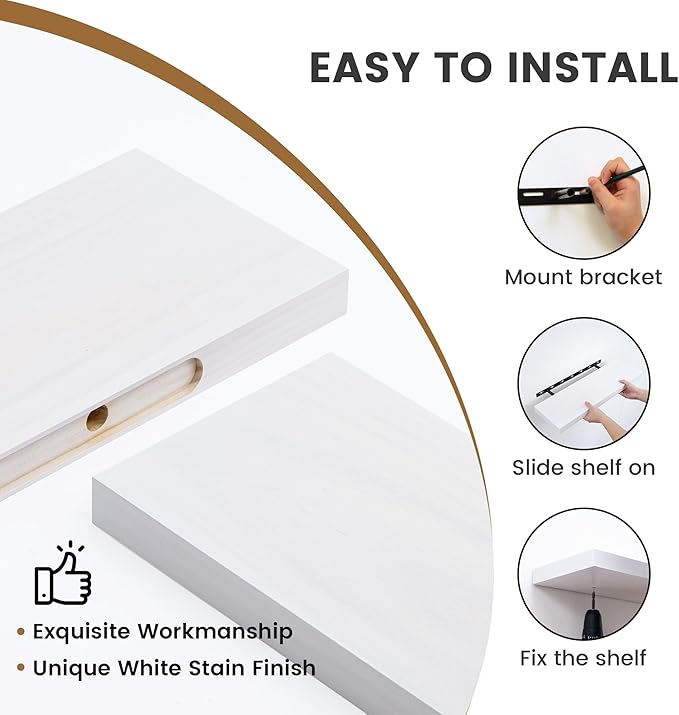 Farmhouse Floating Shelves - 8 Inch Deep Rustic Wood Wall Shelf - Premium Solid Pine Wood Storage Shelf Display Shelf for Kitchen Living Room Bedroom - 24"W x 8"D - Set of 2 - White Color