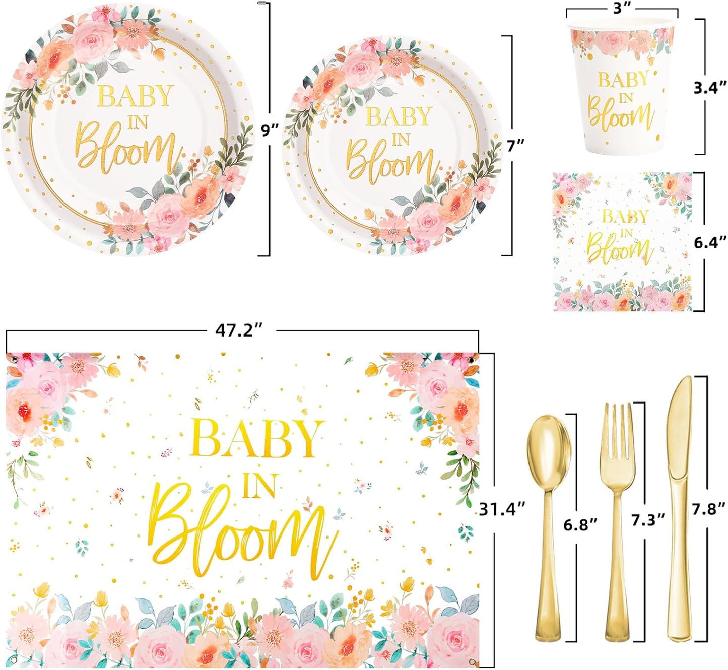 169 Pcs Baby in Bloom Baby Shower Decorations for Girl , Its a Girl Baby Shower Plates and Cups and Napkins Sets, Pink Floral Plates Serves 24, Spring Summer