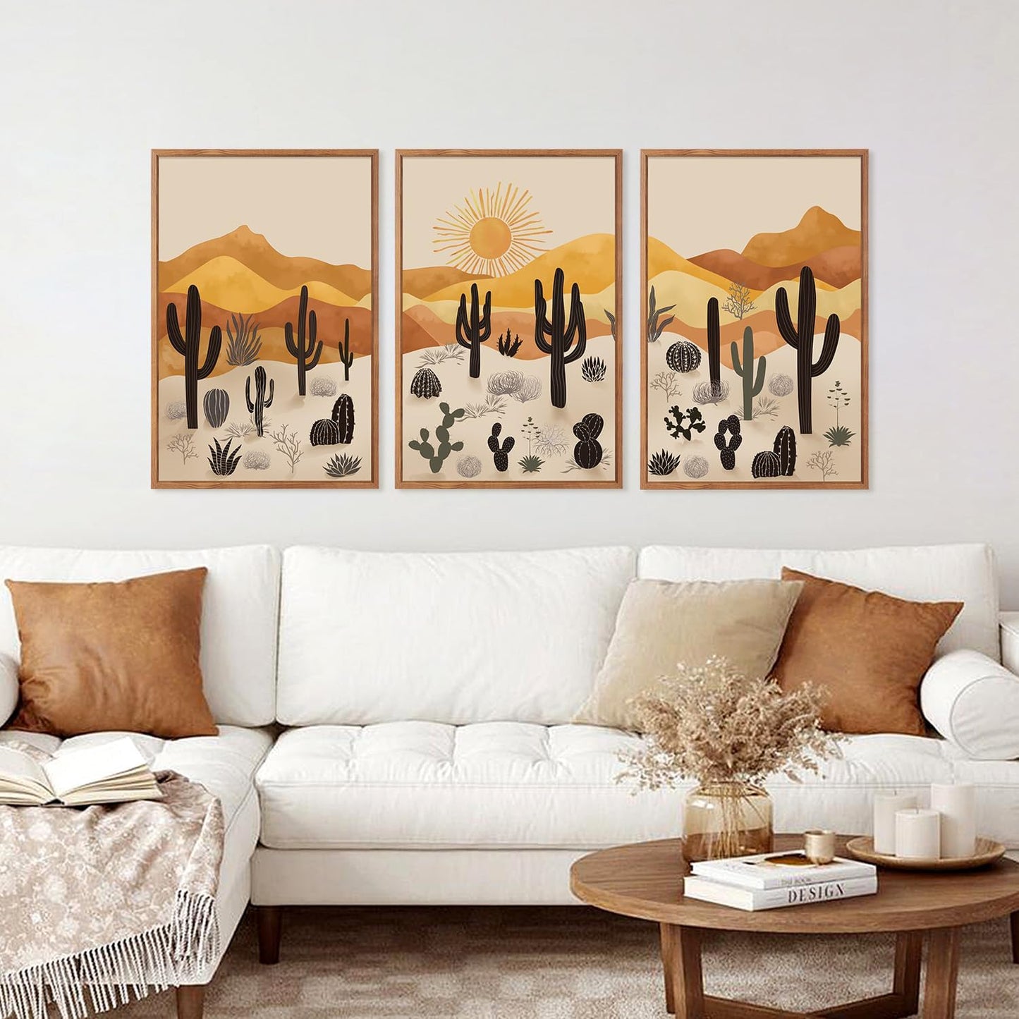 KAIRNE Cactus Canvas Wall Art,Desert Landscape Paintings,Aesthetic Abstract Prints Set of 3(16”X24”),Minimalist Farmhouse Wall Decor,Abstract Boho Artwork for Living Room Bedroom Office Decoration
